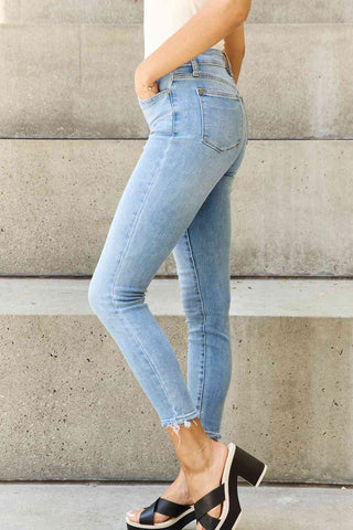Shop Judy Blue Full Size Button Fly Raw Hem Jeans Now On Klozey Store - Trendy U.S. Premium Women Apparel & Accessories And Be Up-To-Fashion!