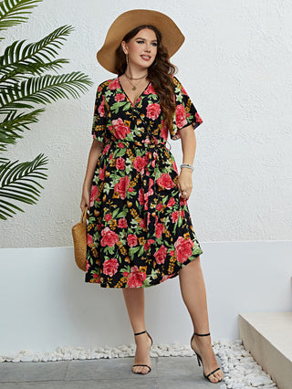 Shop Plus Size Floral Tie Belt Surplice Dress Now On Klozey Store - U.S. Fashion And Be Up-To-Fashion!