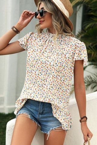 Shop Ditsy Floral Mock Neck Short Sleeve T-Shirt Now On Klozey Store - Trendy U.S. Premium Women Apparel & Accessories And Be Up-To-Fashion!
