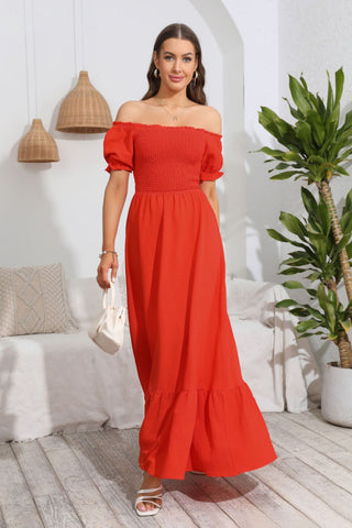 Shop Smocked Off-Shoulder Maxi Dress Now On Klozey Store - Trendy U.S. Premium Women Apparel & Accessories And Be Up-To-Fashion!