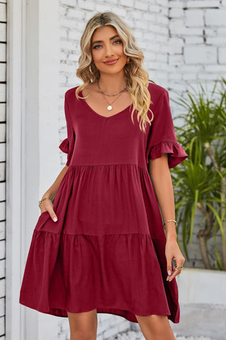 Shop V-Neck Flounce Sleeve Tiered Dress Now On Klozey Store - Trendy U.S. Premium Women Apparel & Accessories And Be Up-To-Fashion!
