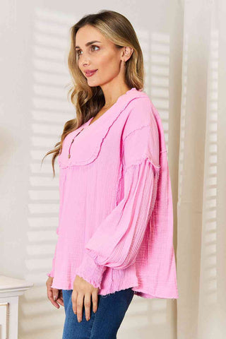 Shop Double Take Exposed Seam Buttoned Notched Neck Blouse Now On Klozey Store - Trendy U.S. Premium Women Apparel & Accessories And Be Up-To-Fashion!