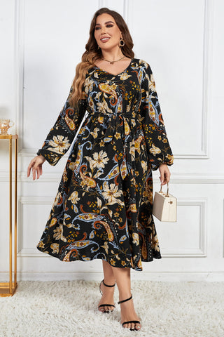Shop Melo Apparel Plus Size Floral Print Tie Belt Balloon Sleeve Midi Dress Now On Klozey Store - Trendy U.S. Premium Women Apparel & Accessories And Be Up-To-Fashion!