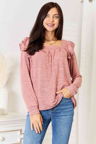 Shop Double Take Square Neck Ruffle Shoulder Long Sleeve T-Shirt Now On Klozey Store - Trendy U.S. Premium Women Apparel & Accessories And Be Up-To-Fashion!
