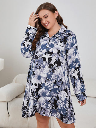 Shop Plus Size Floral Lapel Collar Long Sleeve Night Dress Now On Klozey Store - U.S. Fashion And Be Up-To-Fashion!