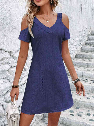 Shop Eyelet V-Neck Cold-Shoulder Dress Now On Klozey Store - Trendy U.S. Premium Women Apparel & Accessories And Be Up-To-Fashion!