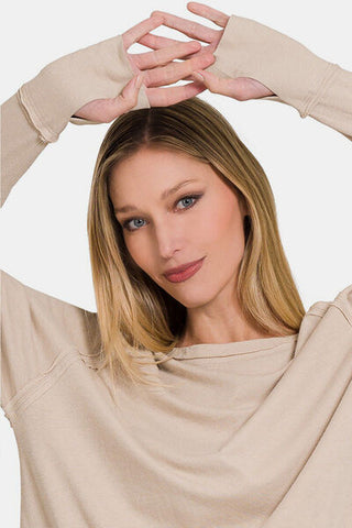 Shop Zenana Round Neck Thumbhole Long Sleeve Top Now On Klozey Store - Trendy U.S. Premium Women Apparel & Accessories And Be Up-To-Fashion!