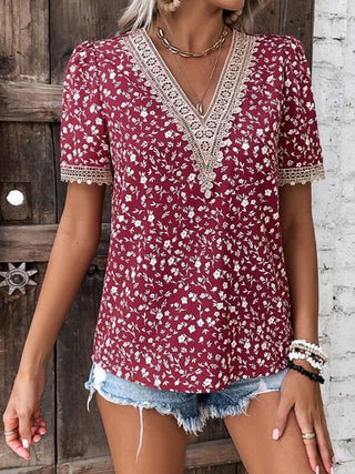Shop Full Size Printed V-Neck Short Sleeve Blouse Now On Klozey Store - Trendy U.S. Premium Women Apparel & Accessories And Be Up-To-Fashion!