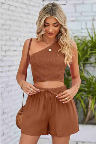 Shop Smocked One-Shoulder Sleeveless Top and Shorts Set Now On Klozey Store - U.S. Fashion And Be Up-To-Fashion!