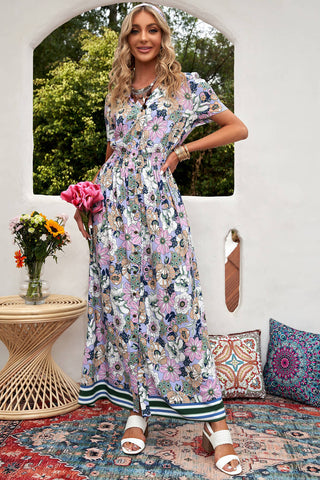 Shop Floral Buttoned Short Sleeve Maxi Dress Now On Klozey Store - Trendy U.S. Premium Women Apparel & Accessories And Be Up-To-Fashion!