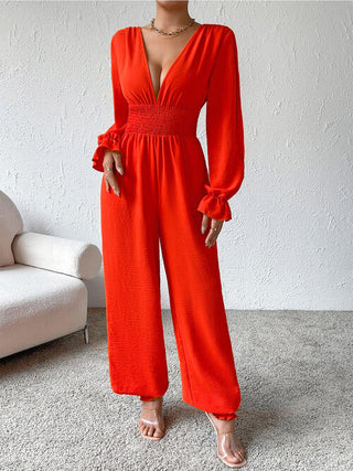 Shop Plunge Smocked Flounce Sleeve Jumpsuit Now On Klozey Store - Trendy U.S. Premium Women Apparel & Accessories And Be Up-To-Fashion!