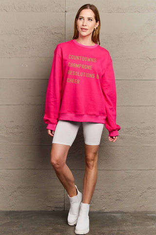 Shop Simply Love Full Size COUNTDOWNS CHAMPAGNE RESOLUTIONS & CHEER Round Neck Sweatshirt Now On Klozey Store - Trendy U.S. Premium Women Apparel & Accessories And Be Up-To-Fashion!