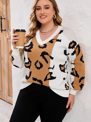 Shop Plus Size Printed V-Neck Long Sleeve Sweater Now On Klozey Store - Trendy U.S. Premium Women Apparel & Accessories And Be Up-To-Fashion!