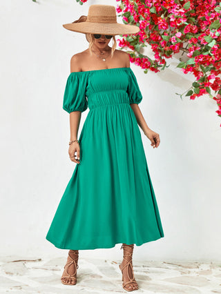 Shop Off-Shoulder Balloon Sleeve Midi Dress Now On Klozey Store - Trendy U.S. Premium Women Apparel & Accessories And Be Up-To-Fashion!