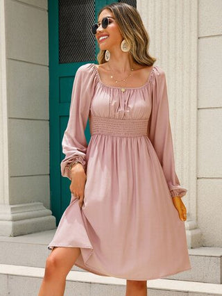 Shop Off-Shoulder Balloon Sleeve Smocked Dress Now On Klozey Store - Trendy U.S. Premium Women Apparel & Accessories And Be Up-To-Fashion!