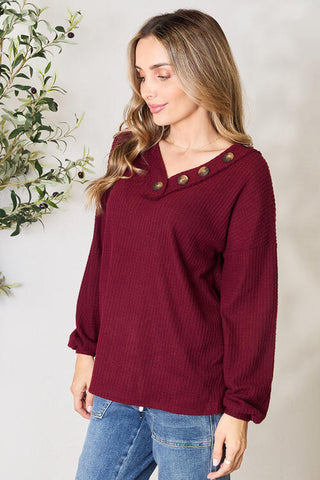 Shop Zenana Buttoned V-Neck Long Sleeve Blouse Now On Klozey Store - Trendy U.S. Premium Women Apparel & Accessories And Be Up-To-Fashion!