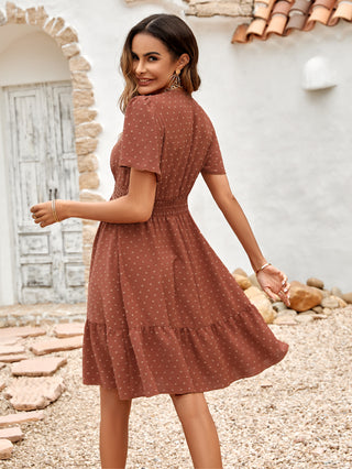 Shop Swiss Dot V-Neck Openwork Puff Sleeve Dress Now On Klozey Store - Trendy U.S. Premium Women Apparel & Accessories And Be Up-To-Fashion!