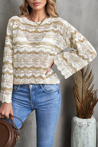 Shop Wavy Stripe Scalloped Hem Openwork Knit Top Now On Klozey Store - Trendy U.S. Premium Women Apparel & Accessories And Be Up-To-Fashion!