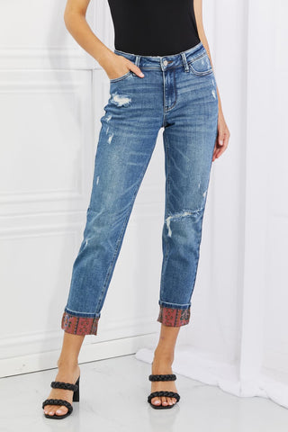 Shop Judy Blue Gina Full Size Mid Rise Paisley Patch Cuff Boyfriend Jeans Now On Klozey Store - Trendy U.S. Premium Women Apparel & Accessories And Be Up-To-Fashion!