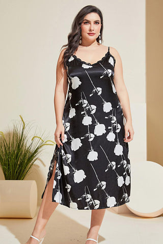 Shop Plus Size Floral Lace Trim Side Slit Night Dress Now On Klozey Store - Trendy U.S. Premium Women Apparel & Accessories And Be Up-To-Fashion!
