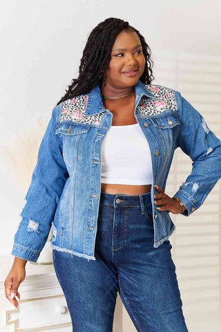 Shop Baeful Leopard Floral Distressed Raw Hem Denim Jacket Now On Klozey Store - Trendy U.S. Premium Women Apparel & Accessories And Be Up-To-Fashion!