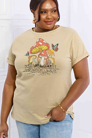 Shop Simply Love Full Size Mushroom & Butterfly Graphic Cotton T-Shirt Now On Klozey Store - Trendy U.S. Premium Women Apparel & Accessories And Be Up-To-Fashion!