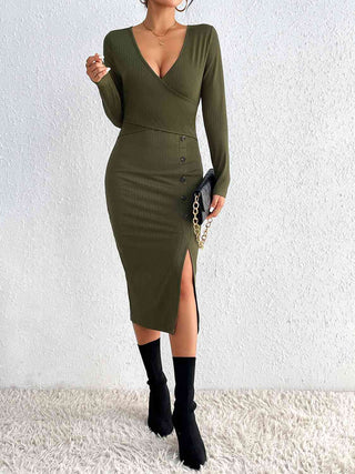 Shop Buttoned Surplice Neck Slit Dress Now On Klozey Store - Trendy U.S. Premium Women Apparel & Accessories And Be Up-To-Fashion!