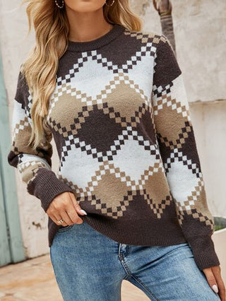Shop Plaid Round Neck Dropper Shoulder Sweater Now On Klozey Store - Trendy U.S. Premium Women Apparel & Accessories And Be Up-To-Fashion!