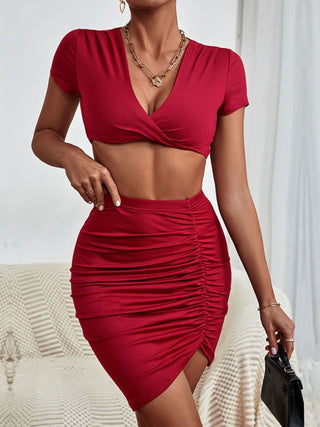 Shop Twisted Deep V Cropped Top and Ruched Skirt Set Now On Klozey Store - Trendy U.S. Premium Women Apparel & Accessories And Be Up-To-Fashion!