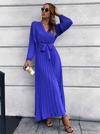 Shop V-Neck Tie Waist Pleated Maxi Dress Now On Klozey Store - Trendy U.S. Premium Women Apparel & Accessories And Be Up-To-Fashion!