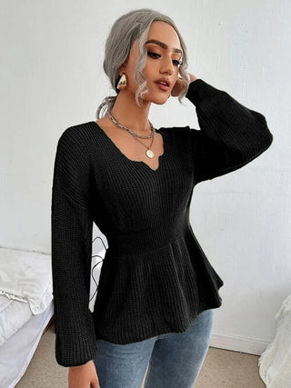 Shop Notched Dropped Shoulder Knit Top Now On Klozey Store - Trendy U.S. Premium Women Apparel & Accessories And Be Up-To-Fashion!