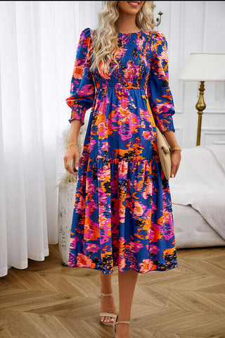 Shop Printed Smocked Lantern Sleeve Ruffled Dress Now On Klozey Store - Trendy U.S. Premium Women Apparel & Accessories And Be Up-To-Fashion!