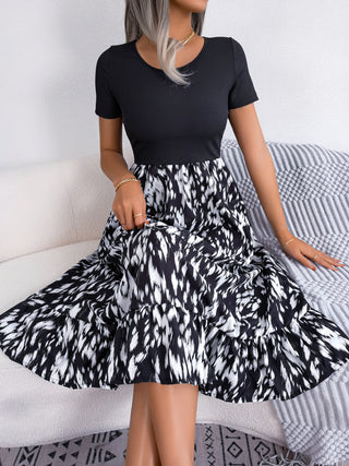 Shop Printed Round Neck Ruffle Hem Dress Now On Klozey Store - Trendy U.S. Premium Women Apparel & Accessories And Be Up-To-Fashion!