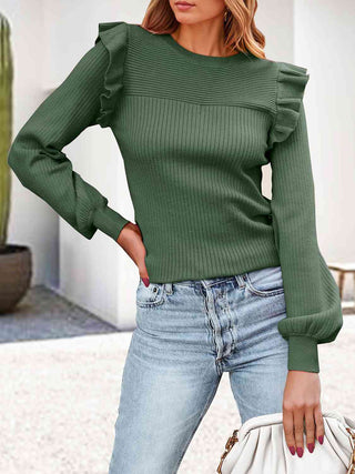 Shop Ribbed Ruffled Round Neck Long Sleeve Knit-Top Now On Klozey Store - Trendy U.S. Premium Women Apparel & Accessories And Be Up-To-Fashion!