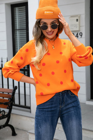 Shop Woven Right Polka Dot Round Neck Dropped Shoulder Sweater Now On Klozey Store - Trendy U.S. Premium Women Apparel & Accessories And Be Up-To-Fashion!