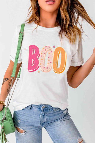 Shop Round Neck Short Sleeve BOO Graphic T-Shirt Now On Klozey Store - Trendy U.S. Premium Women Apparel & Accessories And Be Up-To-Fashion!