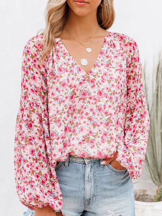 Shop Floral Notched Balloon Sleeve Blouse Now On Klozey Store - Trendy U.S. Premium Women Apparel & Accessories And Be Up-To-Fashion!