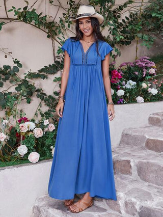 Shop Tie Neck Cap Sleeve Maxi Dress Now On Klozey Store - Trendy U.S. Premium Women Apparel & Accessories And Be Up-To-Fashion!