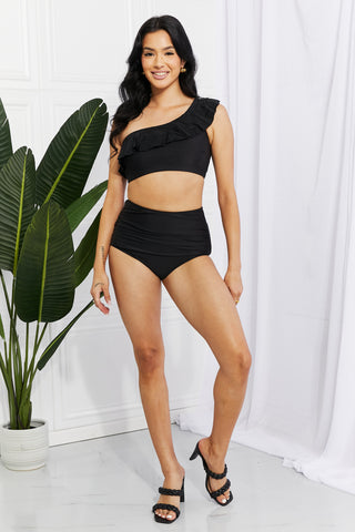 Shop Marina West Swim Seaside Romance Ruffle One-Shoulder Bikini in Black Now On Klozey Store - Trendy U.S. Premium Women Apparel & Accessories And Be Up-To-Fashion!