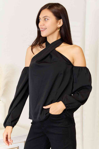 Shop Double Take Grecian Cold Shoulder Long Sleeve Blouse Now On Klozey Store - Trendy U.S. Premium Women Apparel & Accessories And Be Up-To-Fashion!