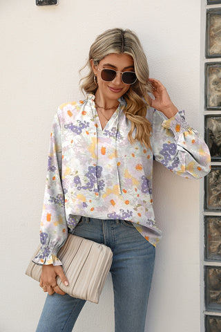 Shop Printed Tie Neck Flounce Sleeve Blouse Now On Klozey Store - Trendy U.S. Premium Women Apparel & Accessories And Be Up-To-Fashion!