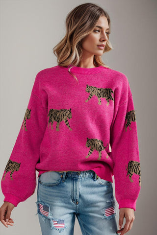 Shop Tiger Pattern Round Neck Drop Shoulder Sweater Now On Klozey Store - Trendy U.S. Premium Women Apparel & Accessories And Be Up-To-Fashion!