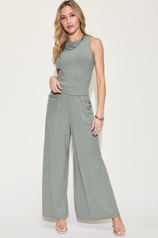 Shop Basic Bae Full Size Ribbed Tank and Wide Leg Pants Set Now On Klozey Store - Trendy U.S. Premium Women Apparel & Accessories And Be Up-To-Fashion!