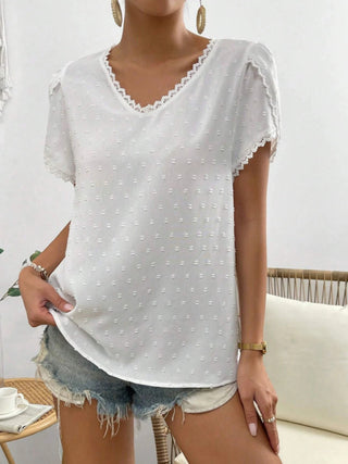 Shop Swiss Dot Lace Detail V-Neck Petal Sleeve Blouse Now On Klozey Store - Trendy U.S. Premium Women Apparel & Accessories And Be Up-To-Fashion!