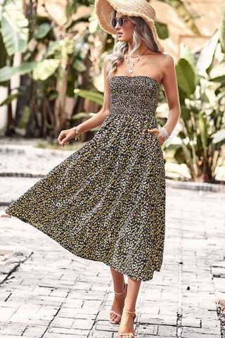 Shop Floral Strapless Slit Midi Dress with Pockets Now On Klozey Store - Trendy U.S. Premium Women Apparel & Accessories And Be Up-To-Fashion!