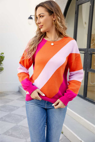 Shop Color Block Ribbed Round Neck Sweater Now On Klozey Store - Trendy U.S. Premium Women Apparel & Accessories And Be Up-To-Fashion!