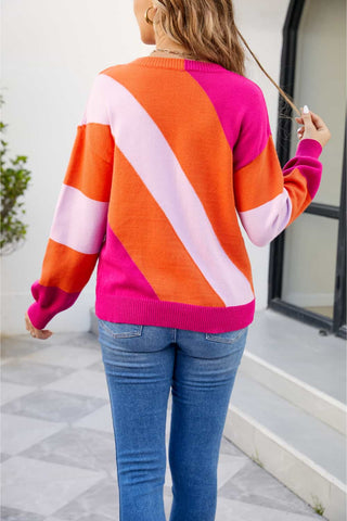 Shop Color Block Ribbed Round Neck Sweater Now On Klozey Store - Trendy U.S. Premium Women Apparel & Accessories And Be Up-To-Fashion!