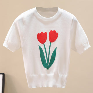 Shop Flower Graphic Ribbed Trim Knit Top Now On Klozey Store - U.S. Fashion And Be Up-To-Fashion!