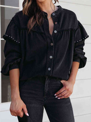 Shop Button Down Raw Hem Denim Jacket Now On Klozey Store - Trendy U.S. Premium Women Apparel & Accessories And Be Up-To-Fashion!