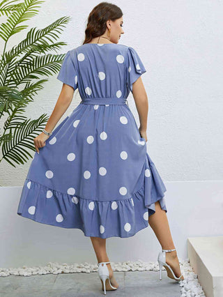 Shop Polka Dot Belted Flutter Sleeve Ruffle Hem Dress Now On Klozey Store - Trendy U.S. Premium Women Apparel & Accessories And Be Up-To-Fashion!
